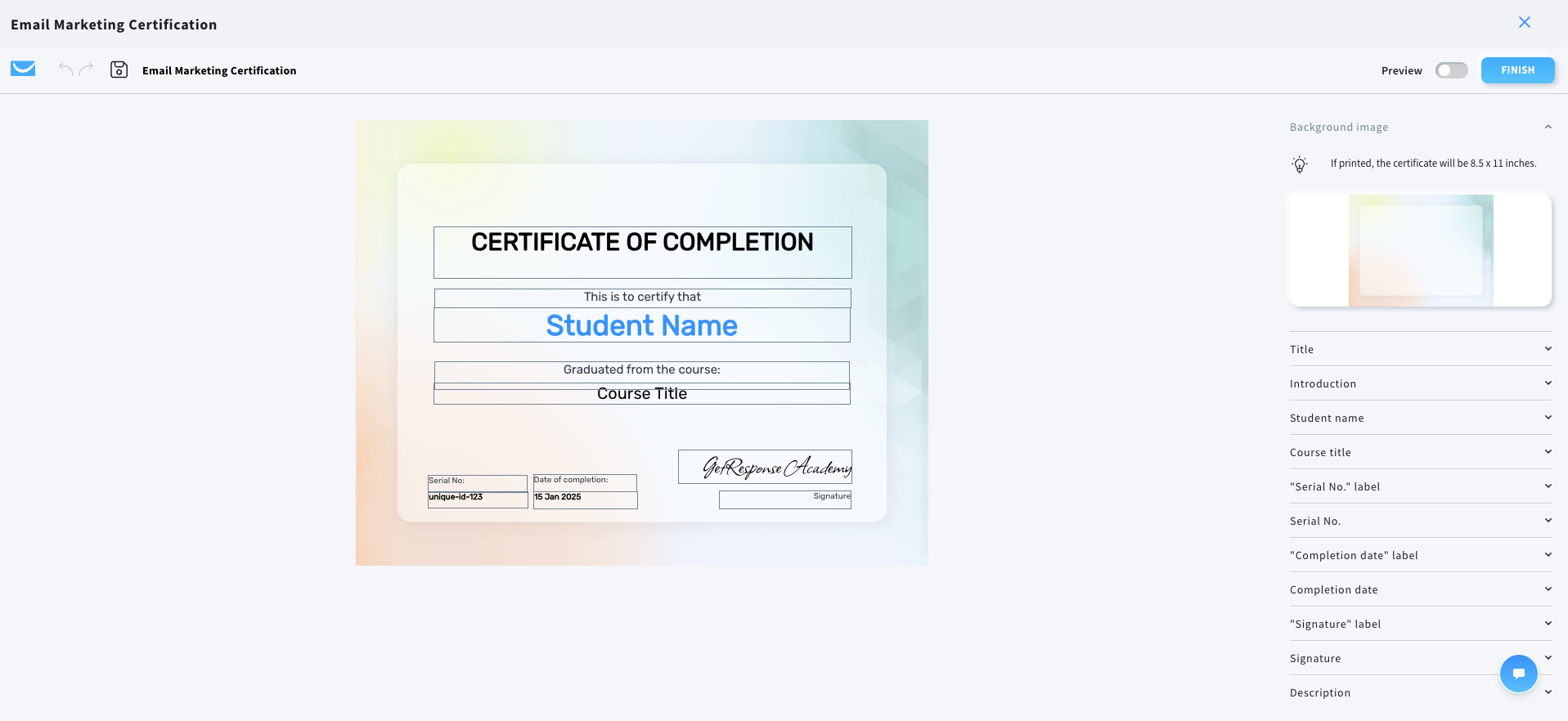 GetResponse's certificate editor